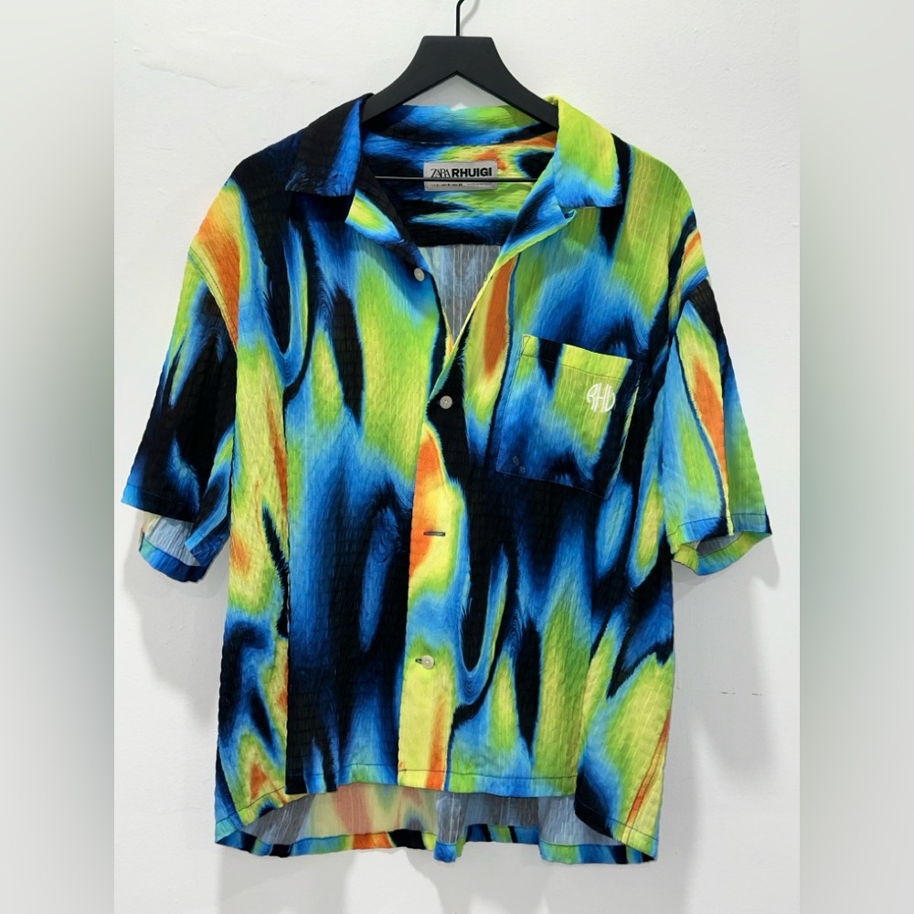 Blue and Green Button Down Shirt with Abstract Design
